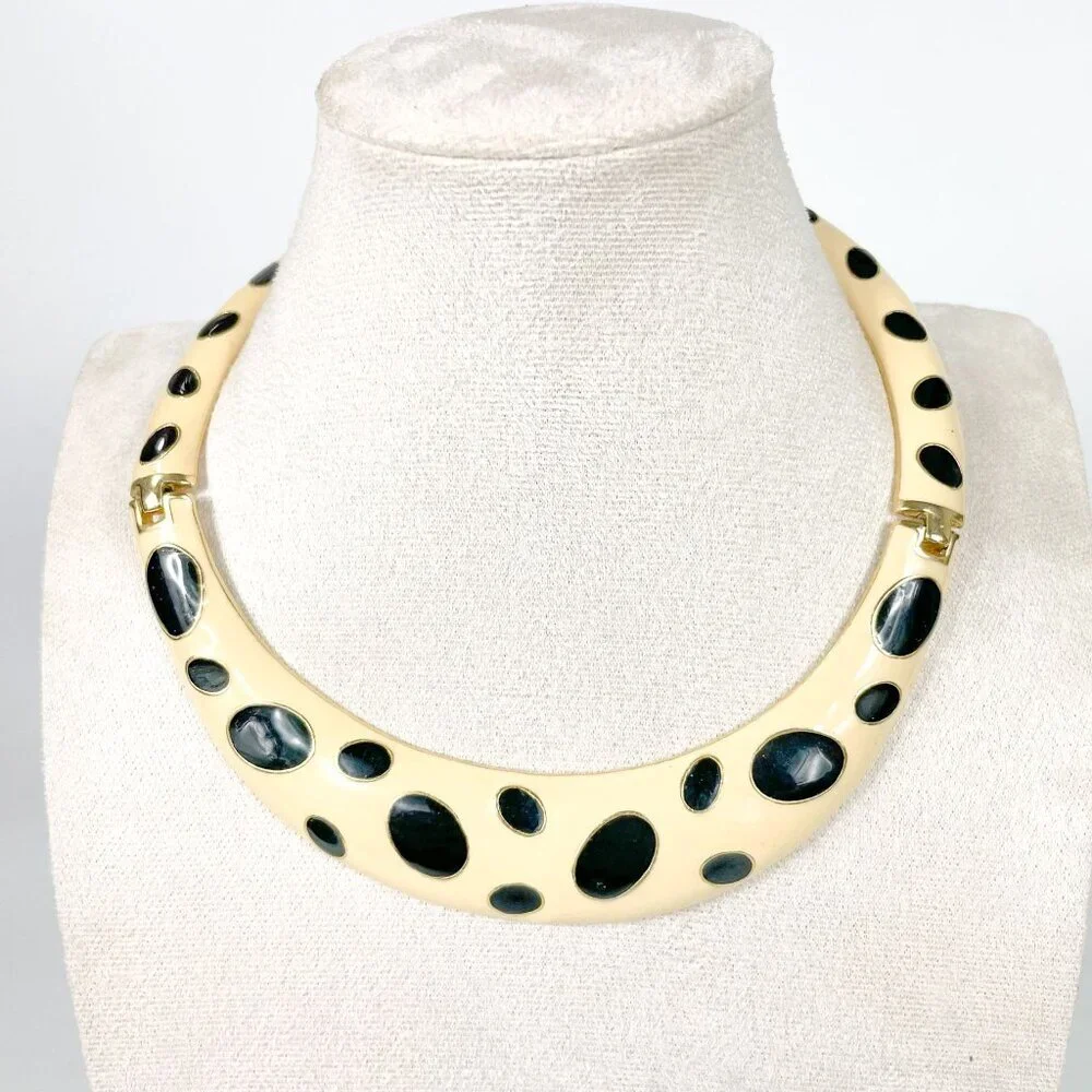 Enameled Cream Black Dots Leopard Torque Necklace Coordinating Clip-On Earrings